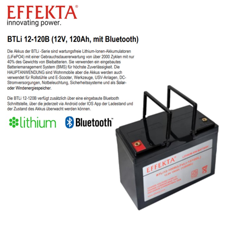Effekta 120Ah Smart Lithium LiFePO4 12V Batterie mit BMS & Bluetooth 19% MwSt.