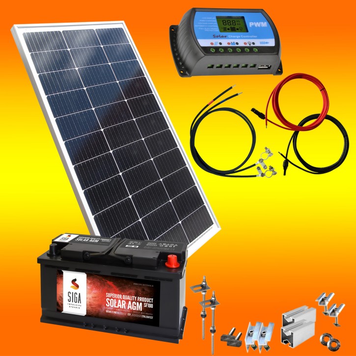 100W Solar Inselanlage 12V mit 100Ah AGM Batterie und Flachdachmontage (0% MwSt.*)