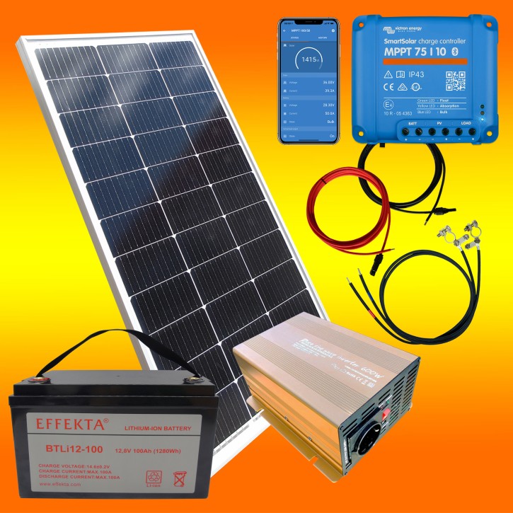 100 Watt Smart Inselanlage (0% MwSt.*) 12 Volt mit Lithium Batterie & Spannungswandler - Pfannendach