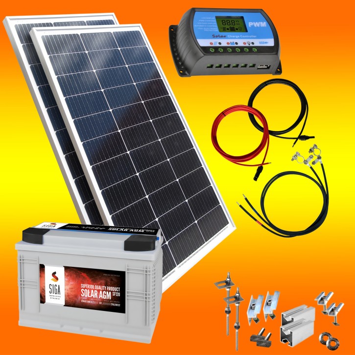 200W Solar Inselanlage 12V mit 120Ah AGM Batterie und Flachdachmontage (0% MwSt.*)
