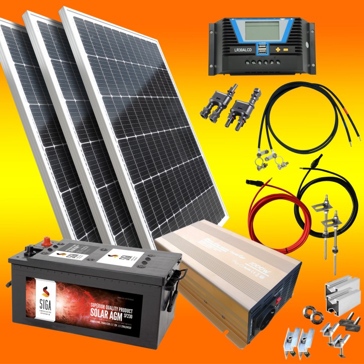 390W Solar Inselanlage 12V mit 180Ah AGM Batterie 1000W Inverter und Flachdachmontage (0% MwSt.*)