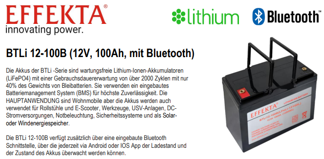 Effekta 100Ah Smart Lithium (0% MwSt.*) LiFePO4 12V Batterie mit BMS & Bluetooth