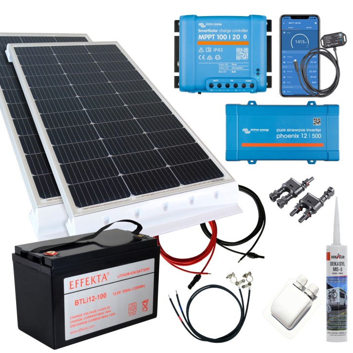 260 Watt Wohnmobil Set mit Victron 100/20, 500W Spannungswandler & 100Ah Lithium Batterie weiß