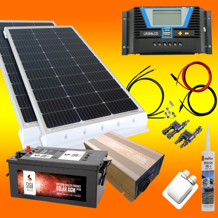 260 Watt Wohnmobil 12V Set mit 150Ah AGM Batterie & 1000W Spannungswandler (reiner Sinus) weiß