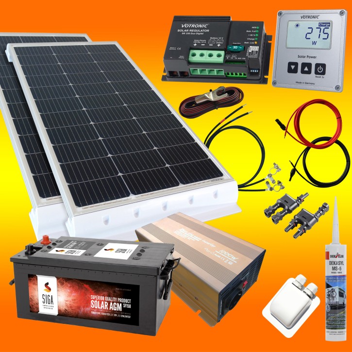 260 Watt Wohnmobil Set Votronic PWM mit 150Ah AGM Batterie & 1000W Spannungswandler (reiner Sinus)