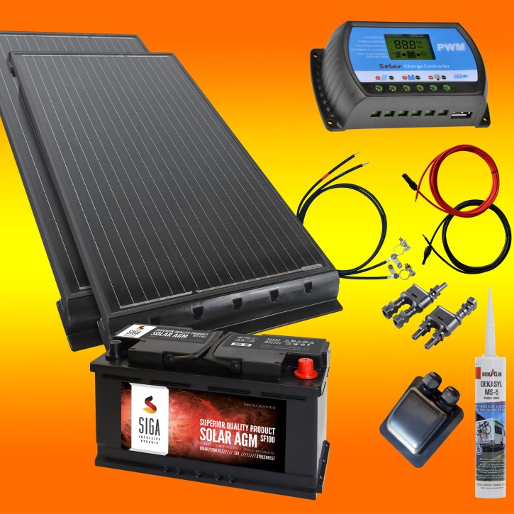 200 Watt Wohnmobil 12V Set mit 100Ah AGM Batterie schwarz