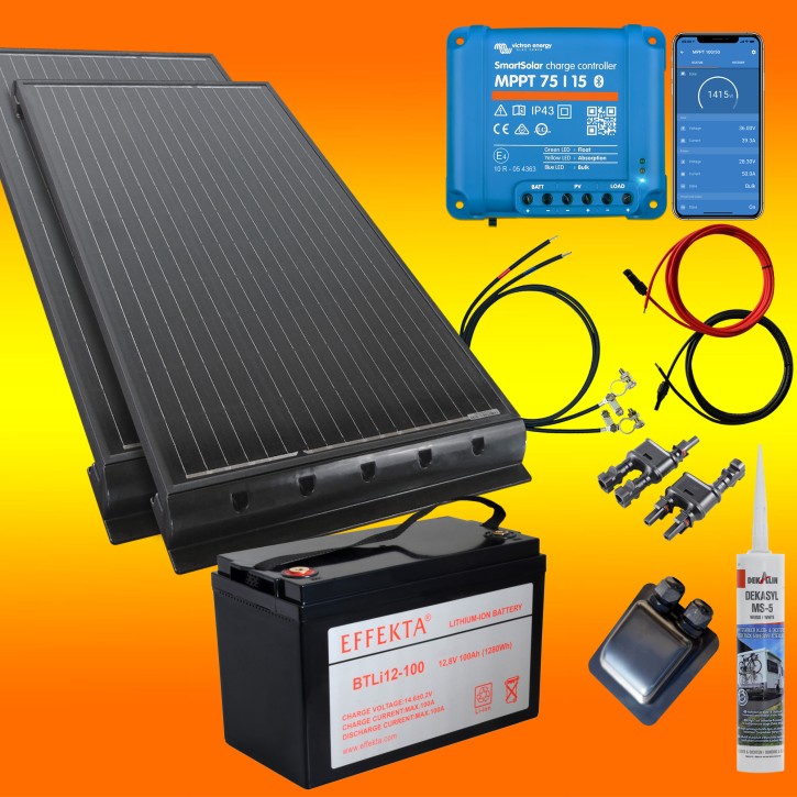 200 Watt Wohnmobil Set mit Victron 75/15 & 100Ah Lithium Batterie schwarz