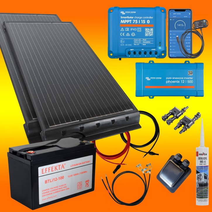 200 Watt Wohnmobil Set mit Victron 75/15, 500W Spannungswandler & 100Ah Lithium Batterie schwarz