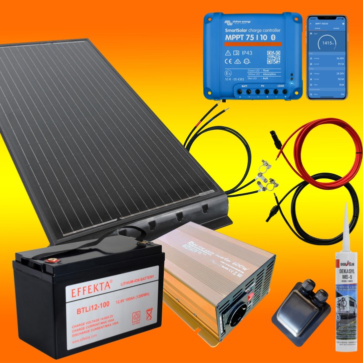 100 Watt Wohnmobil Set mit Victron 75/10, 600W Spannungswandler & 100Ah Lithium Batterie schwarz