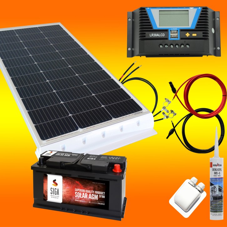 150 Watt Wohnmobil 12V Set mit 100Ah AGM Batterie weiß erweiterbar