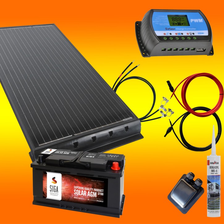 100 Watt Wohnmobil 12V Set mit 100Ah AGM Batterie schwarz