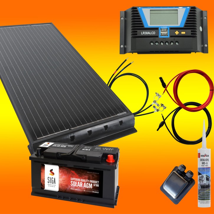 100 Watt Wohnmobil 12V Set mit 100Ah AGM Batterie schwarz erweiterbar