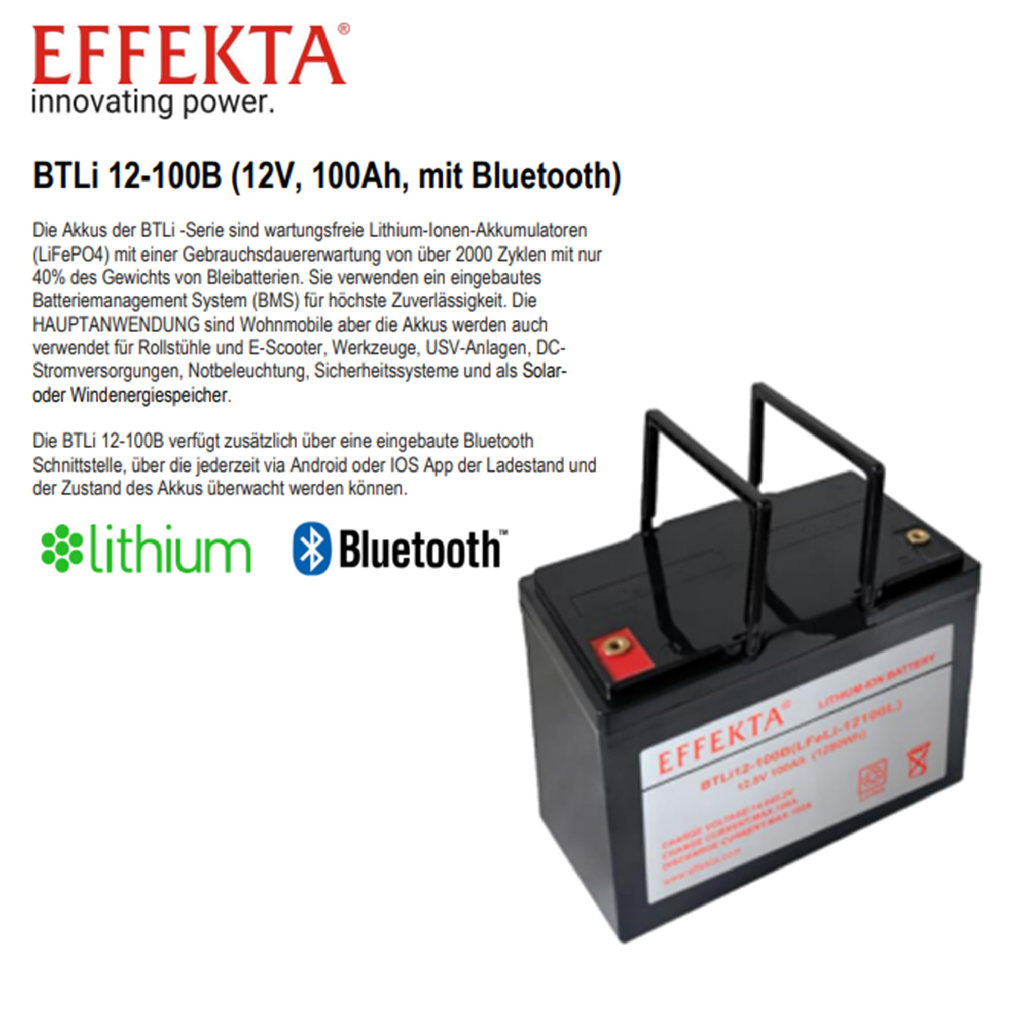Effekta 100Ah Smart Lithium LiFePO4 12V Batterie mit BMS & Bluetooth 19%  MwSt.
