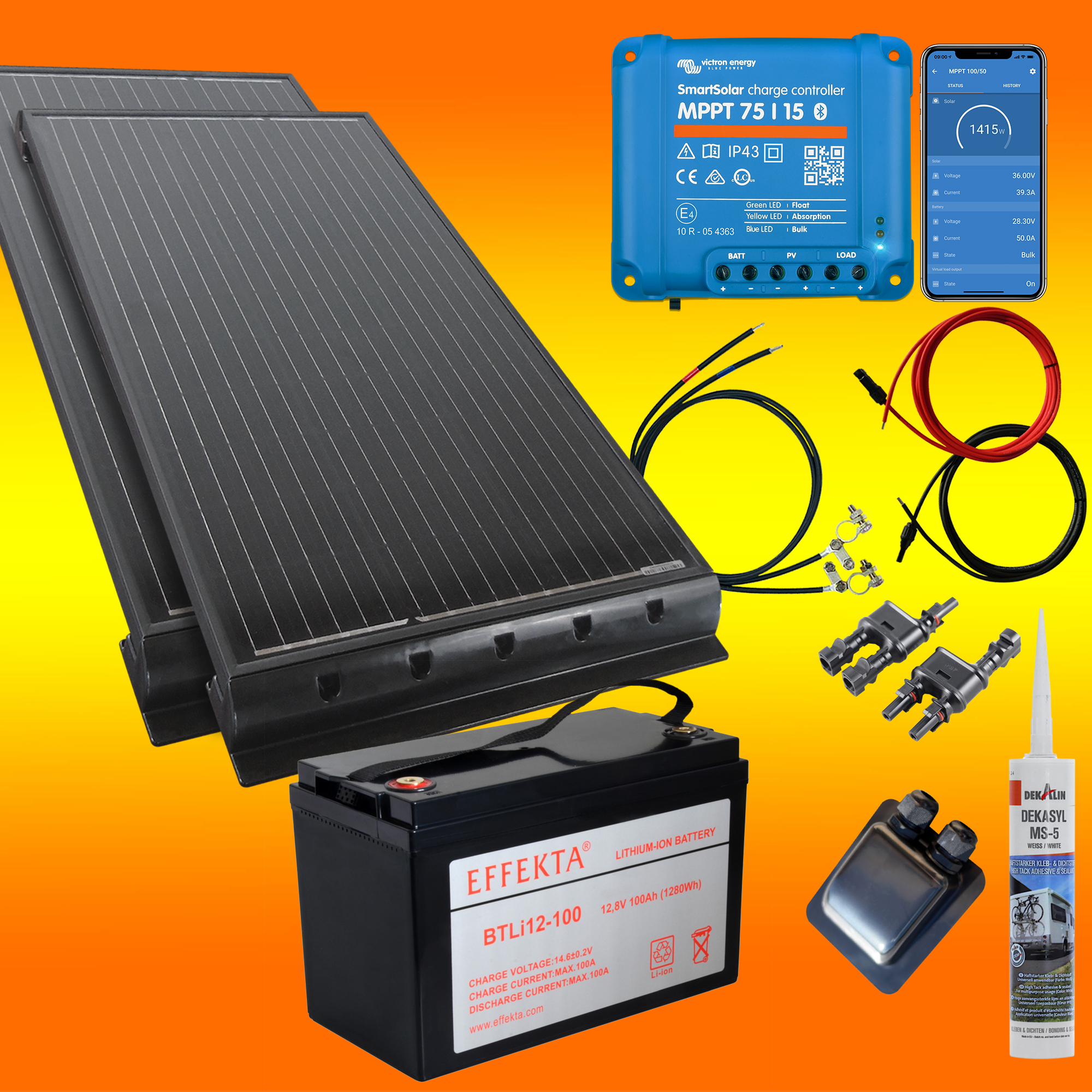 200 Watt Wohnmobil Set mit Victron 75/15 & 100Ah Lithium Batterie  schwarz-WOMO200VISS07515BLI100