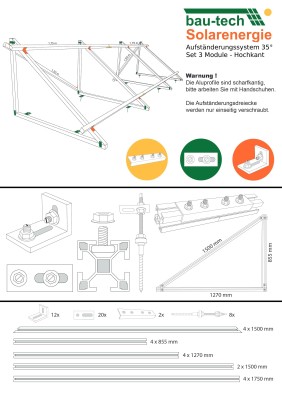 Aufständerungssystem 35° für Solarmodule – Hochkant – Set für 3 Module